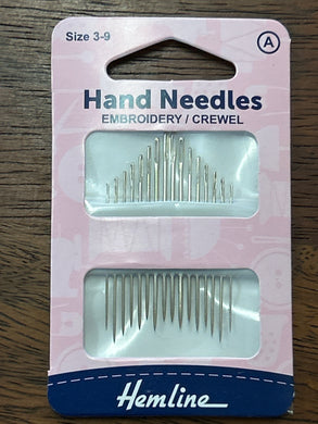 Hemline Hand Embroidery/Crewel Needles Sizes3-9