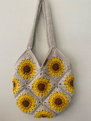 Custom Order - Large Sunflower Granny Square Crocheted Bag - Lined - Cotton